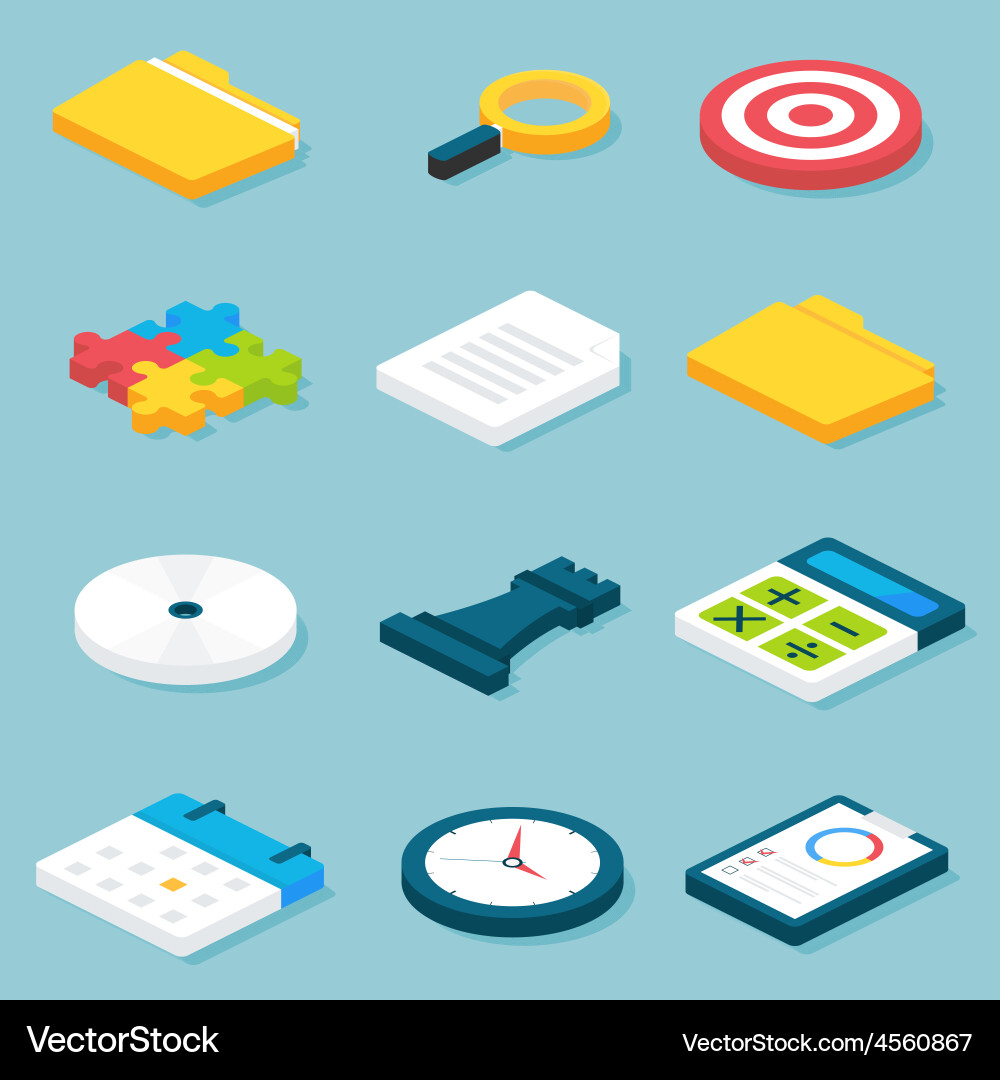 Flat isometric business objects set vector image