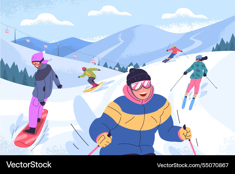 People ski slope skiers and snowboard riders People ski slope skiers and snowboard riders vector image