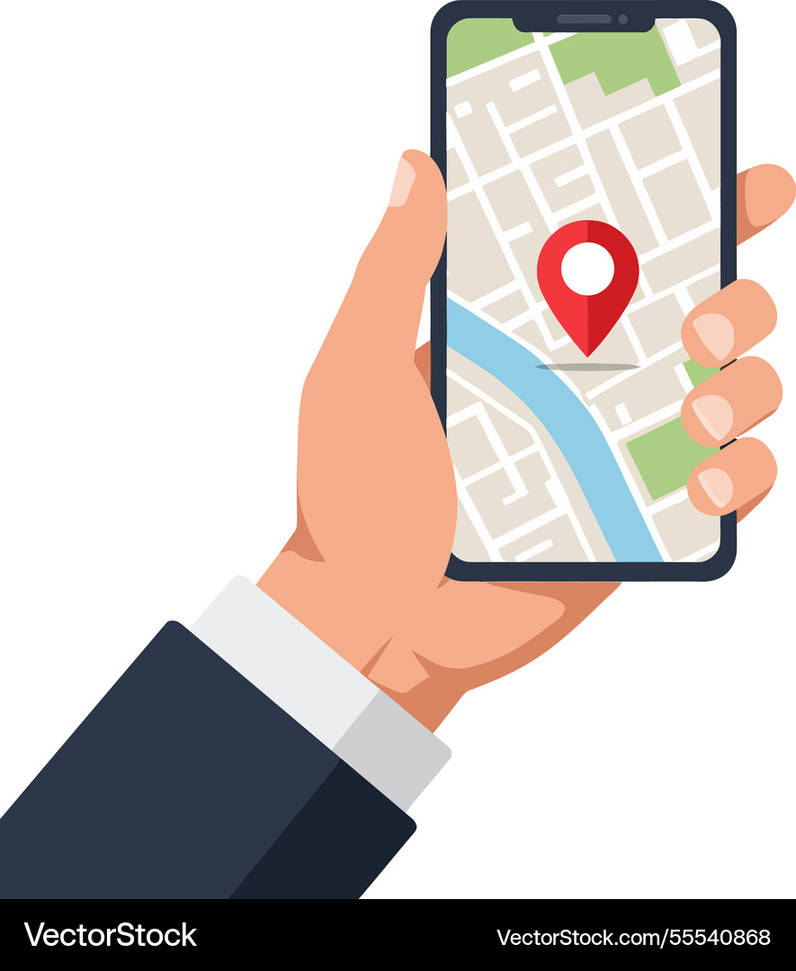 Hand holding smartphone displaying map Hand holding smartphone displaying map Vector Image