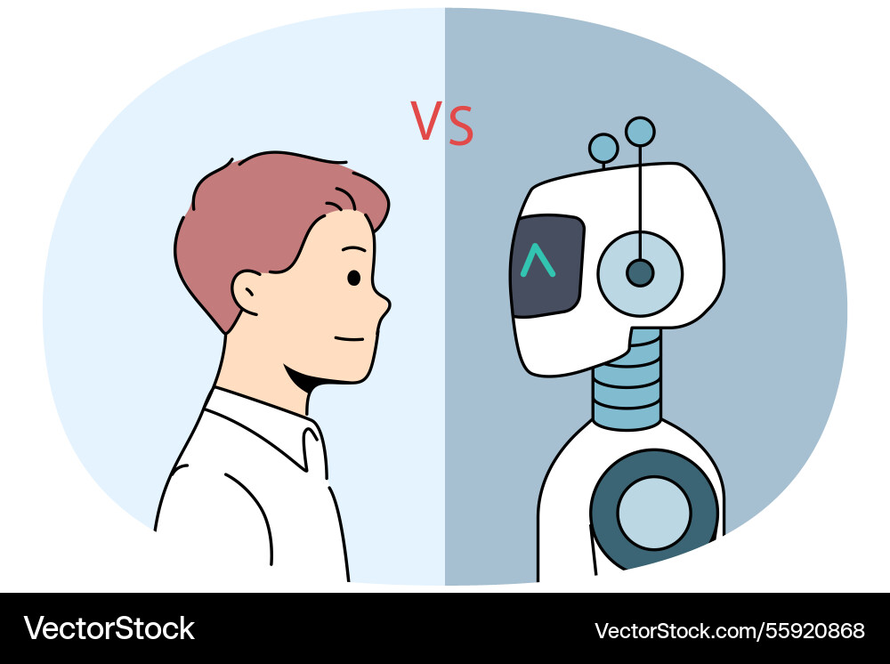Man competes with robot not wanting to be left Man competes with robot not wanting to be left Vector Image
