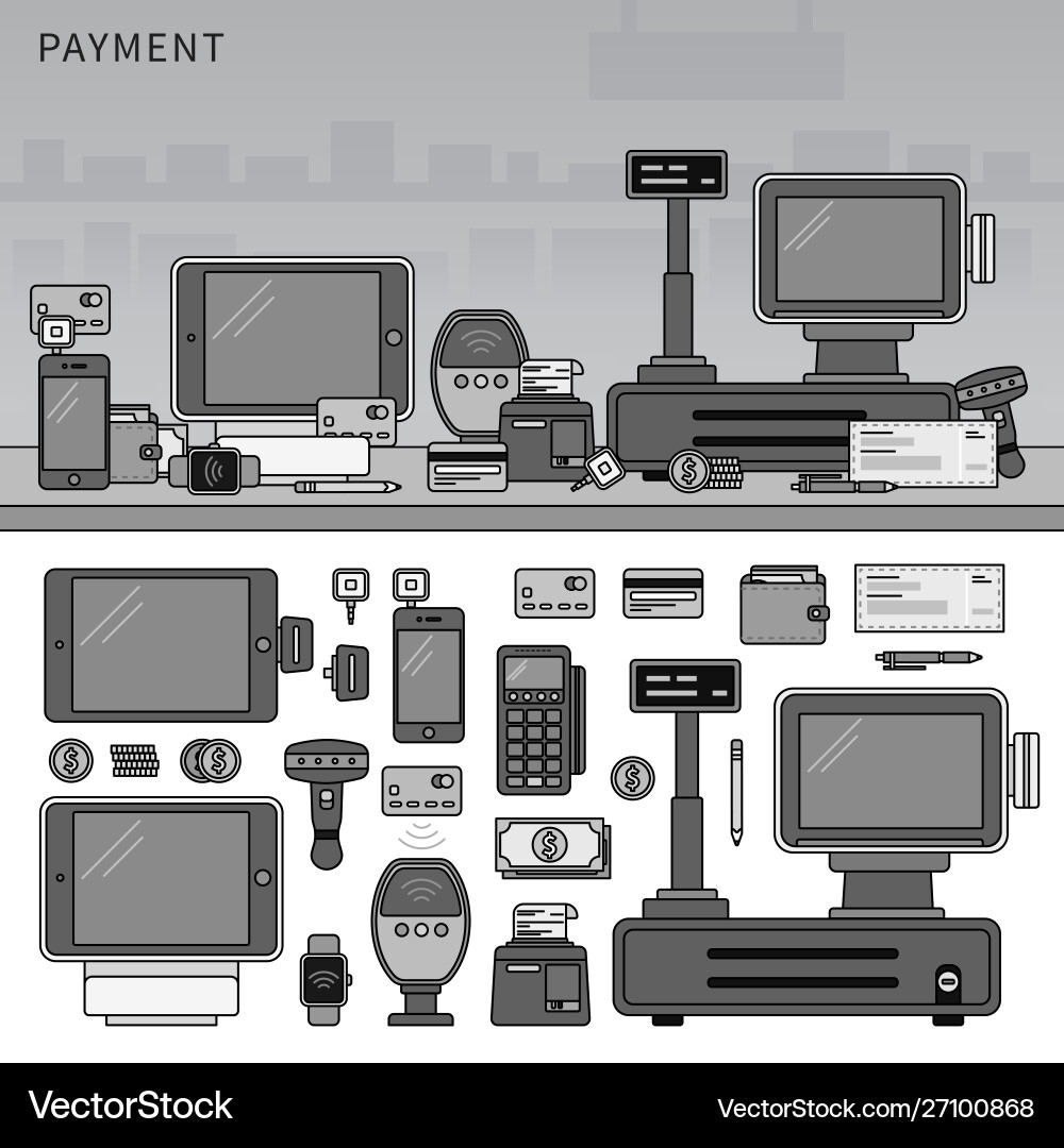 Payment methods with devices on table line Payment methods with devices on table line vector image