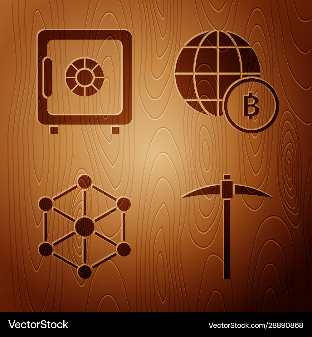 Set pickaxe safe blockchain technology and globe Set pickaxe safe blockchain technology and globe vector image