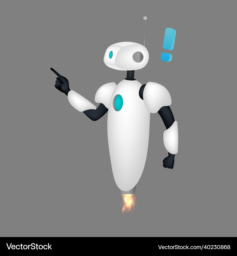 White flying robot is pointing the bot raised its White flying robot is pointing the bot raised its vector image