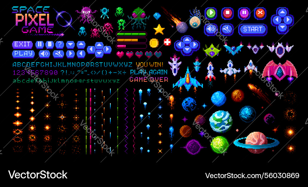 Arcade space 8 bit pixel art game asset set Arcade space 8 bit pixel art game asset set vector image