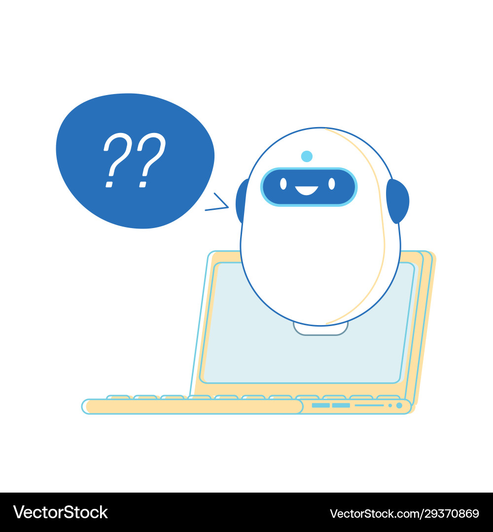 Robot with question marks near laptop ready Robot with question marks near laptop ready vector image