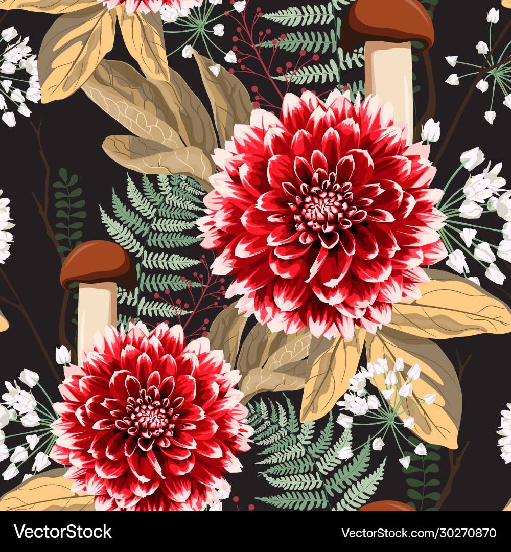 Autumn Dahlia & Herbs Pattern Vector Image