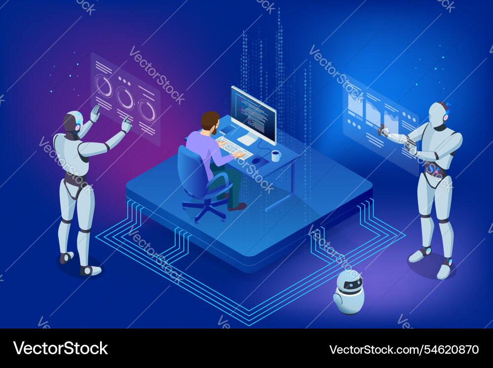 Isometric ai-powered robot ensuring information Isometric ai-powered robot ensuring information Vector Image