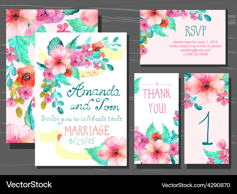 Watercolor Floral Wedding Invitation Set Vector Image