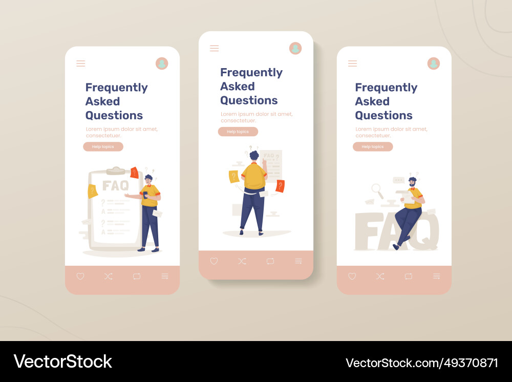 Faq page question answer onboard mobile ui screen vector image