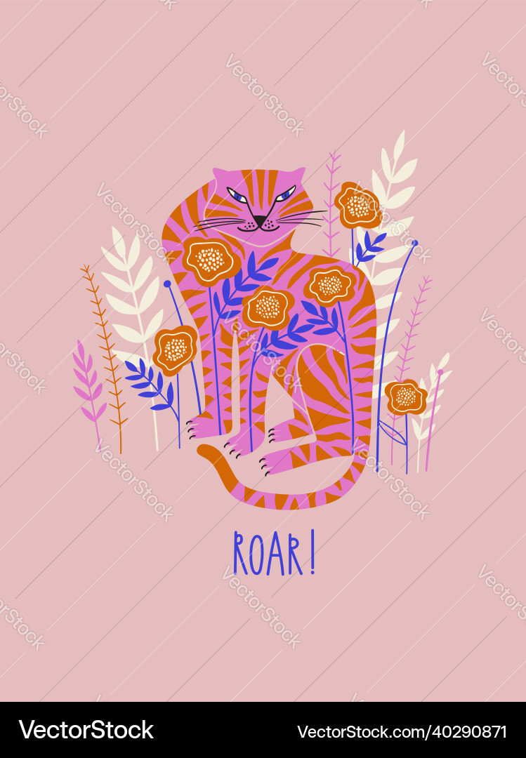 Folk art with wild tiger and flowers Folk art with wild tiger and flowers vector image