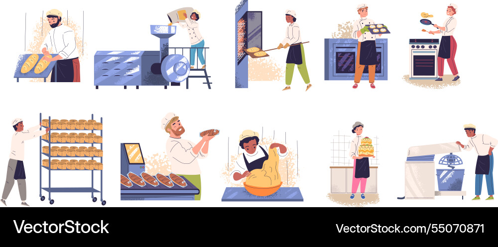 People bake bread professional bakers at oven People bake bread professional bakers at oven vector image