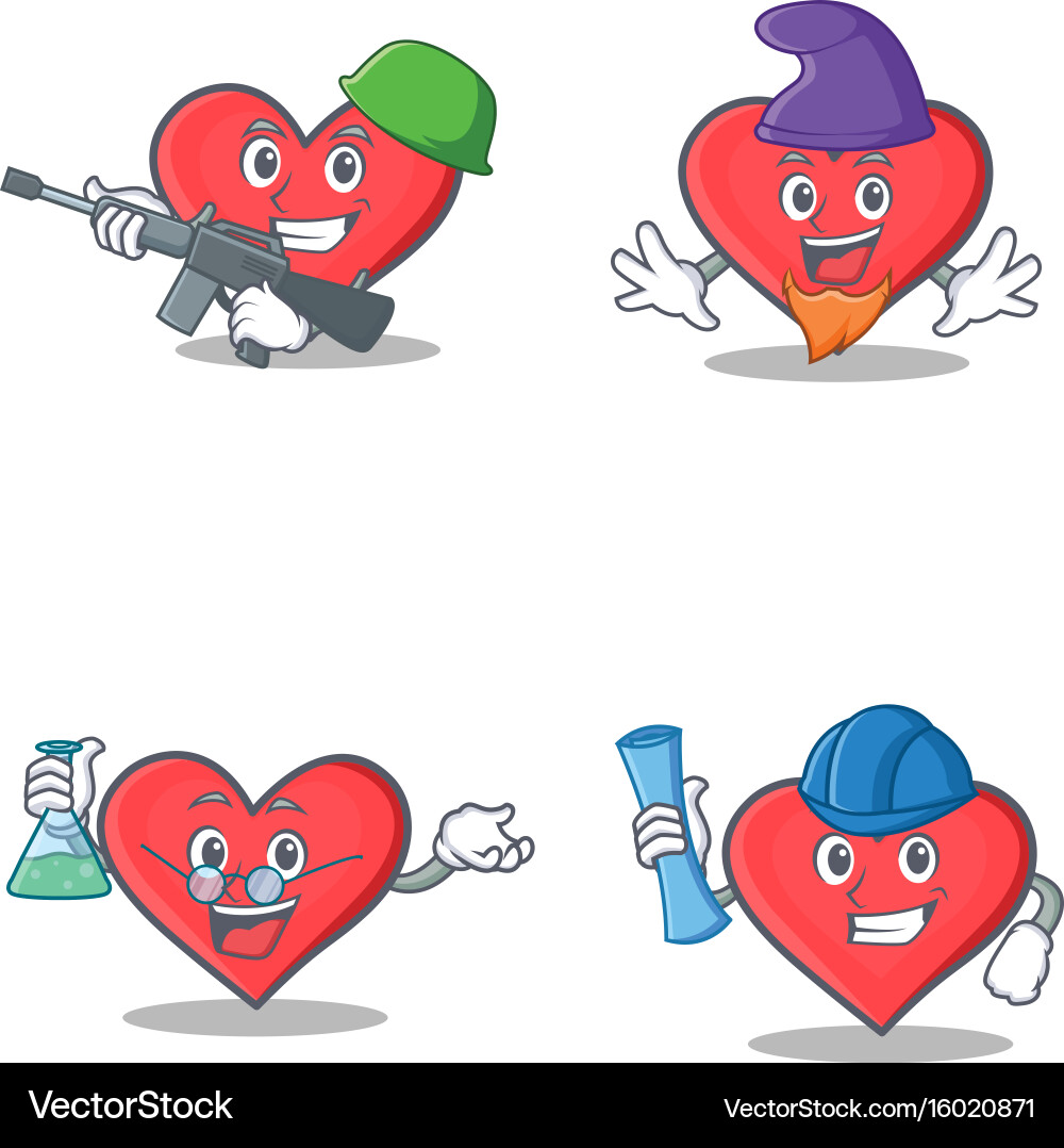 Set of heart character with army elf professor vector image