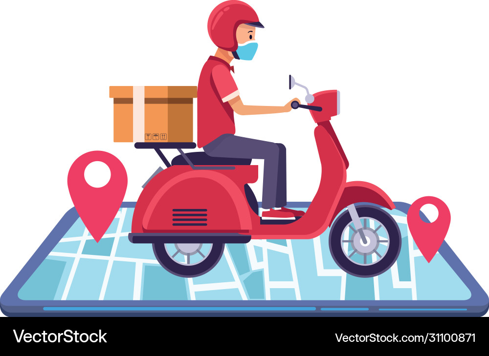 Smartphone with delivery worker using face mask Smartphone with delivery worker using face mask vector image