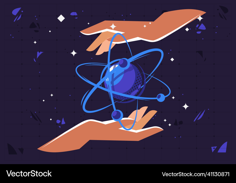 Two hands particle atom Two hands particle atom vector image