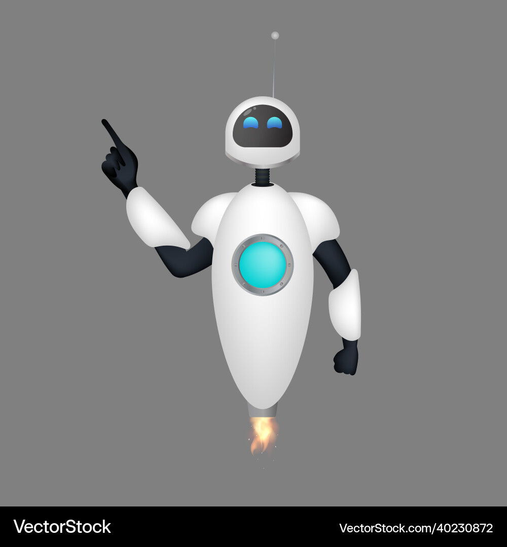 White flying robot points with a finger the bot White flying robot points with a finger the bot vector image