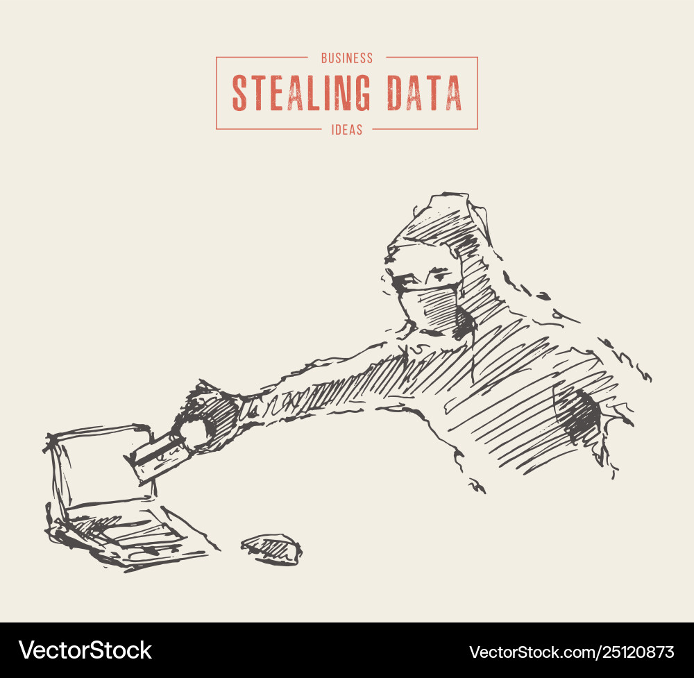 Hacker steals data computer cybercrime draw Hacker steals data computer cybercrime draw vector image