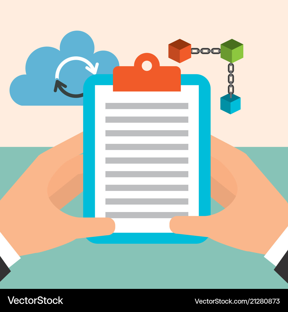 Hands holding clipboard cloud computing blockchain vector image