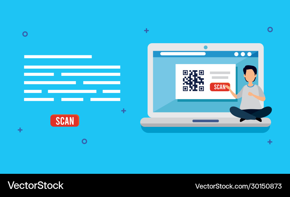 Scan code qr in laptop with man and icons Vector Image