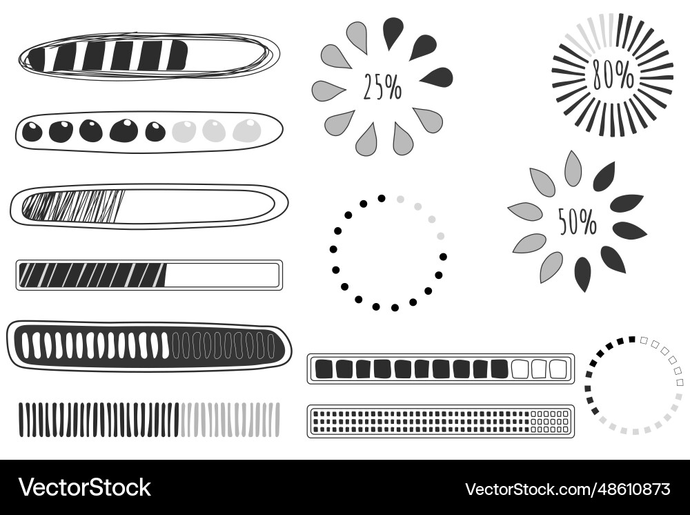 Set loading bar progress in doodle style isolated Set loading bar progress in doodle style isolated vector image