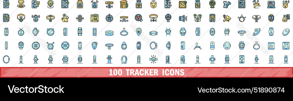 100 tracker icons set color line style 100 tracker icons set color line style vector image