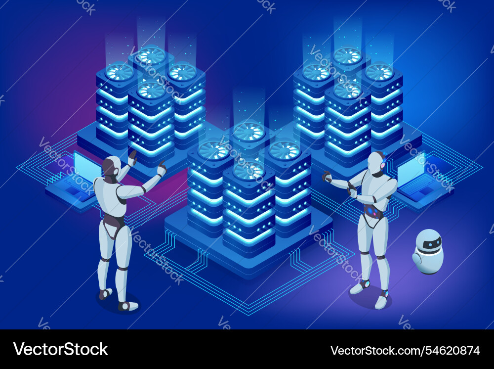 Isometric ai-powered robot ensuring information Isometric ai-powered robot ensuring information vector image
