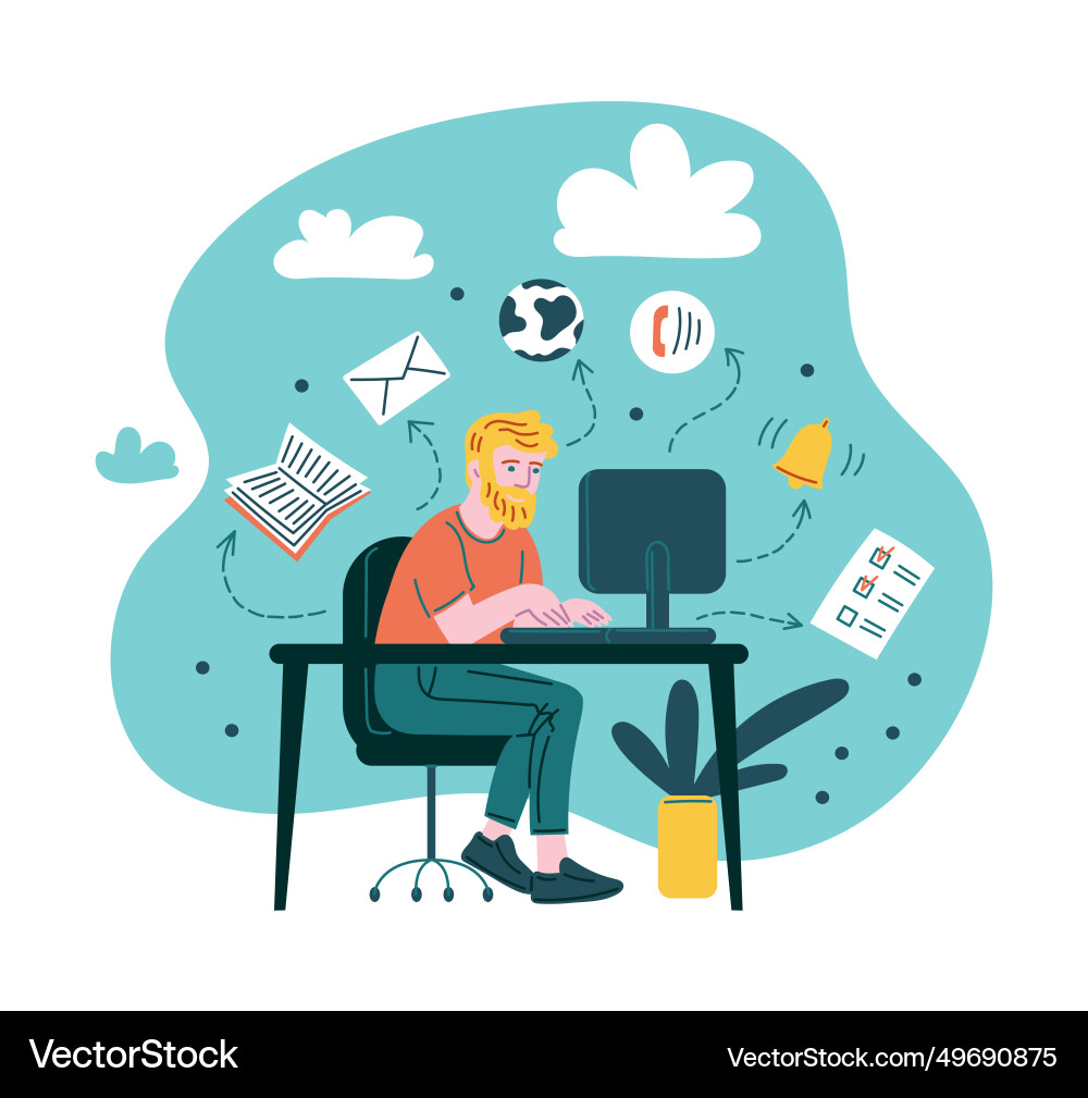 Man working at computer and doing many different Man working at computer and doing many different vector image