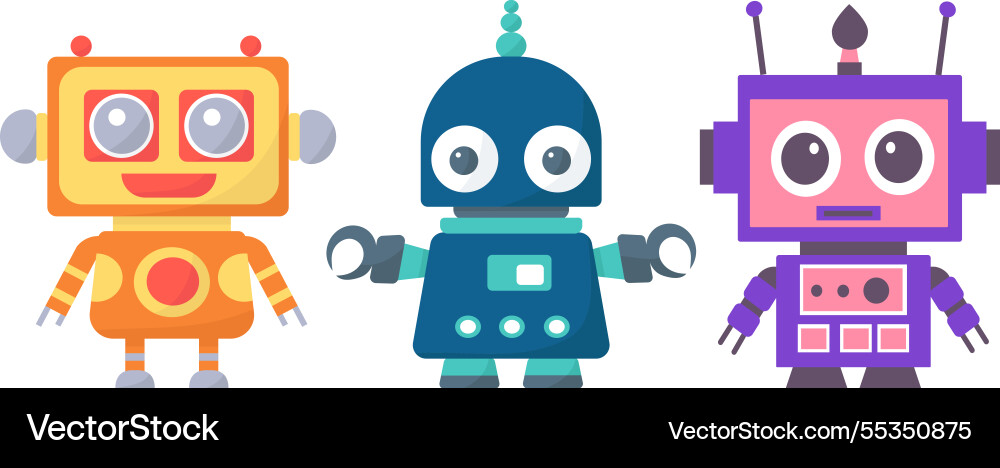 Set of robots androids in doodle style on a white vector image