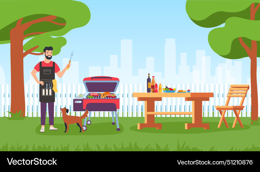 Bbq in garden or park table and chairs Bbq in garden or park table and chairs vector image