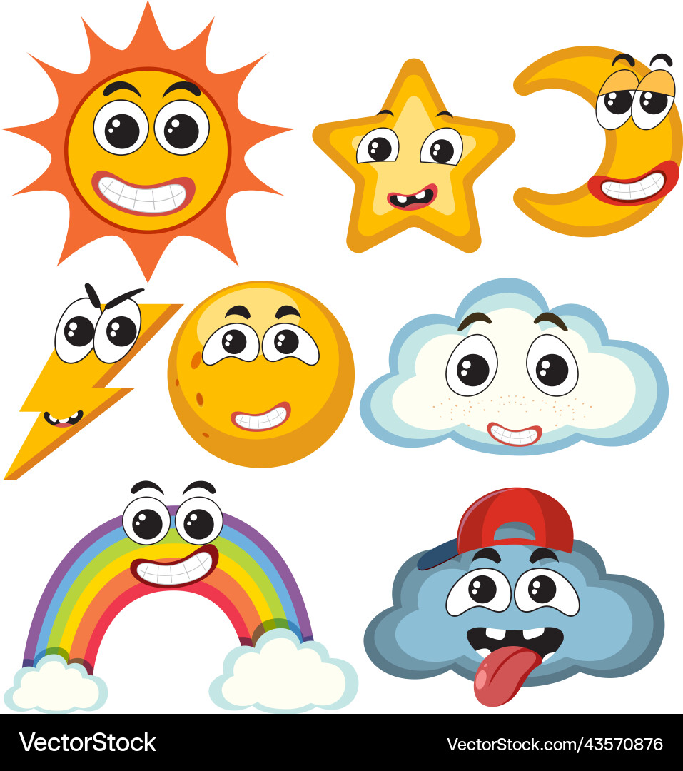 Different weather icons set with facial expression Different weather icons set with facial expression Vector Image