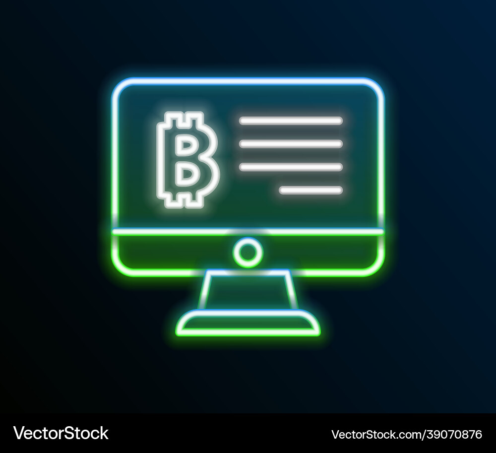 Glowing neon line mining bitcoin from monitor icon Glowing neon line mining bitcoin from monitor icon Vector Image
