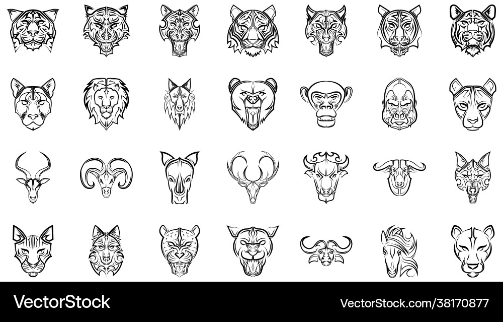 Animal Head Line Art Icon Set Vector Image