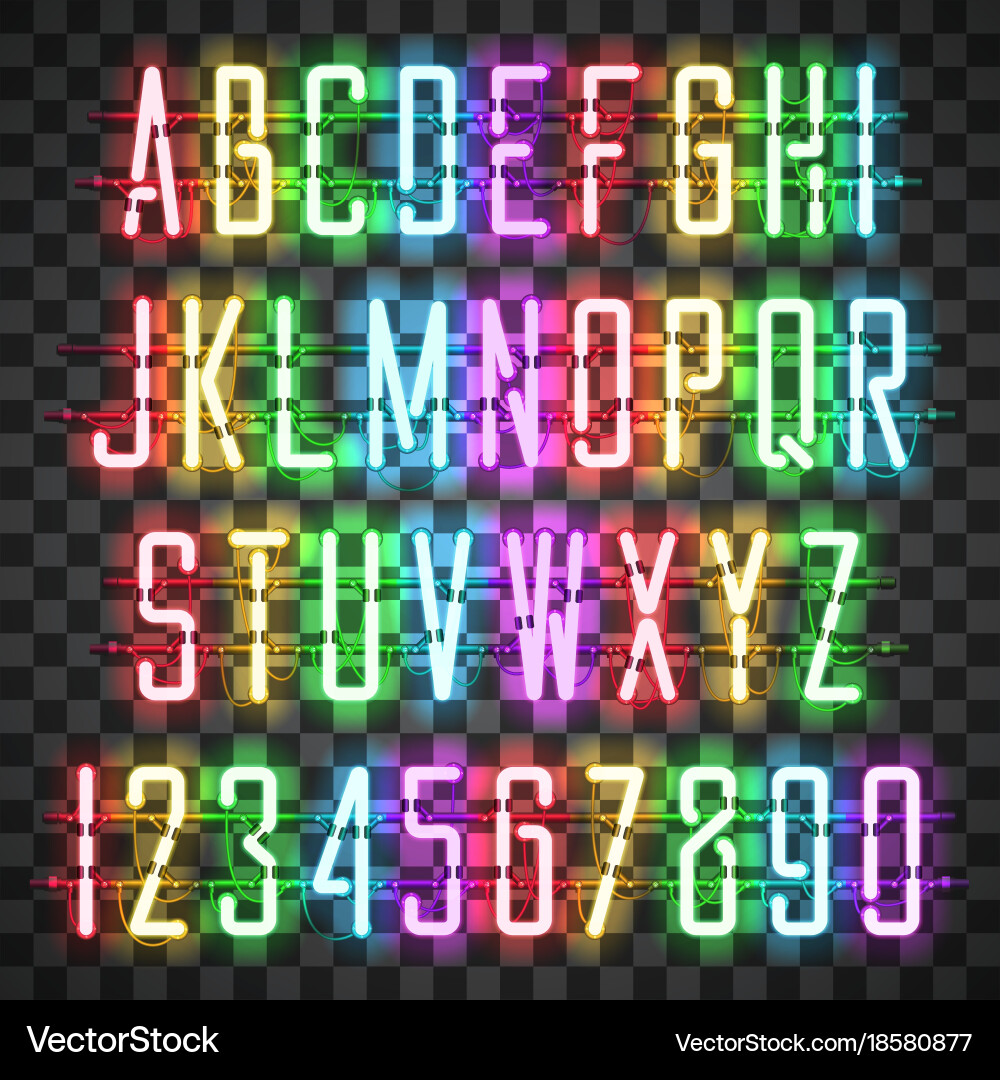 Glowing multi colors neon casual script font vector image