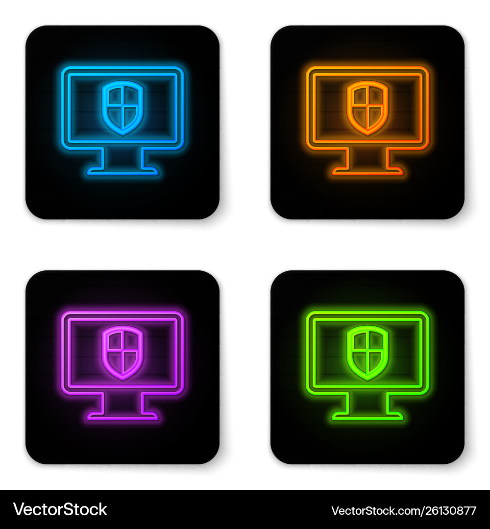 Glowing neon computer monitor and shield icon Glowing neon computer monitor and shield icon vector image
