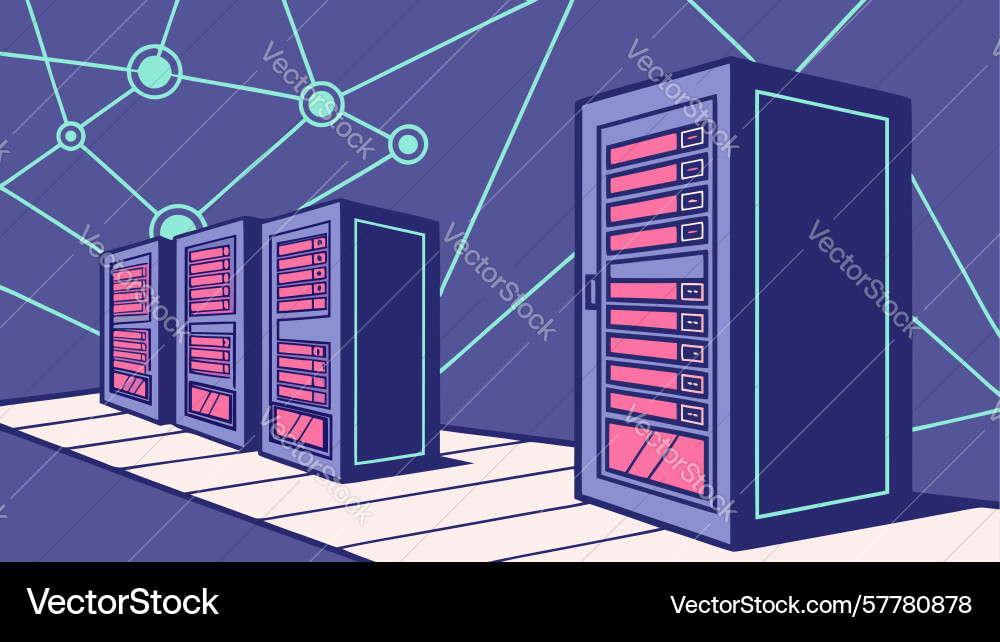 Server racks with glowing lines depicting vector image