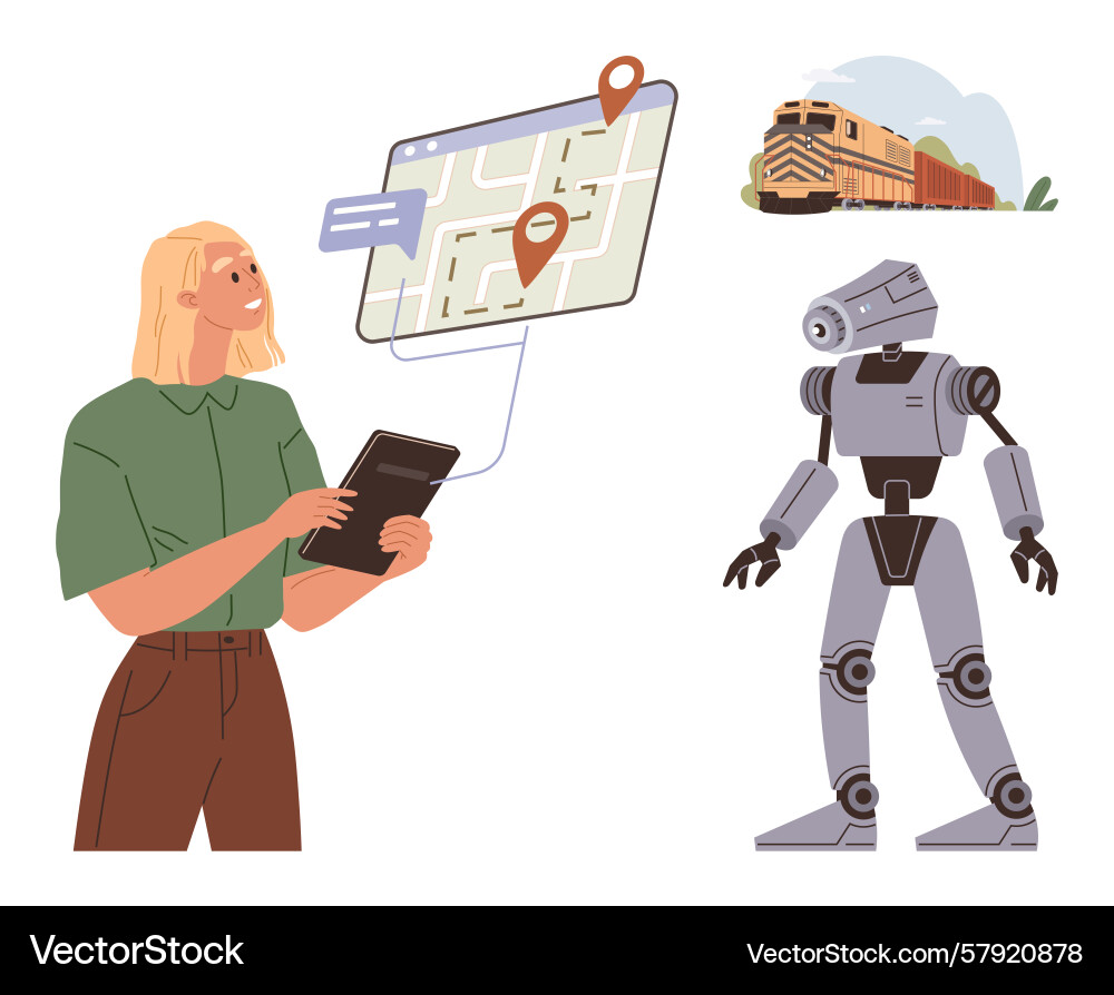 Woman navigating map on tablet with robot Vector Image