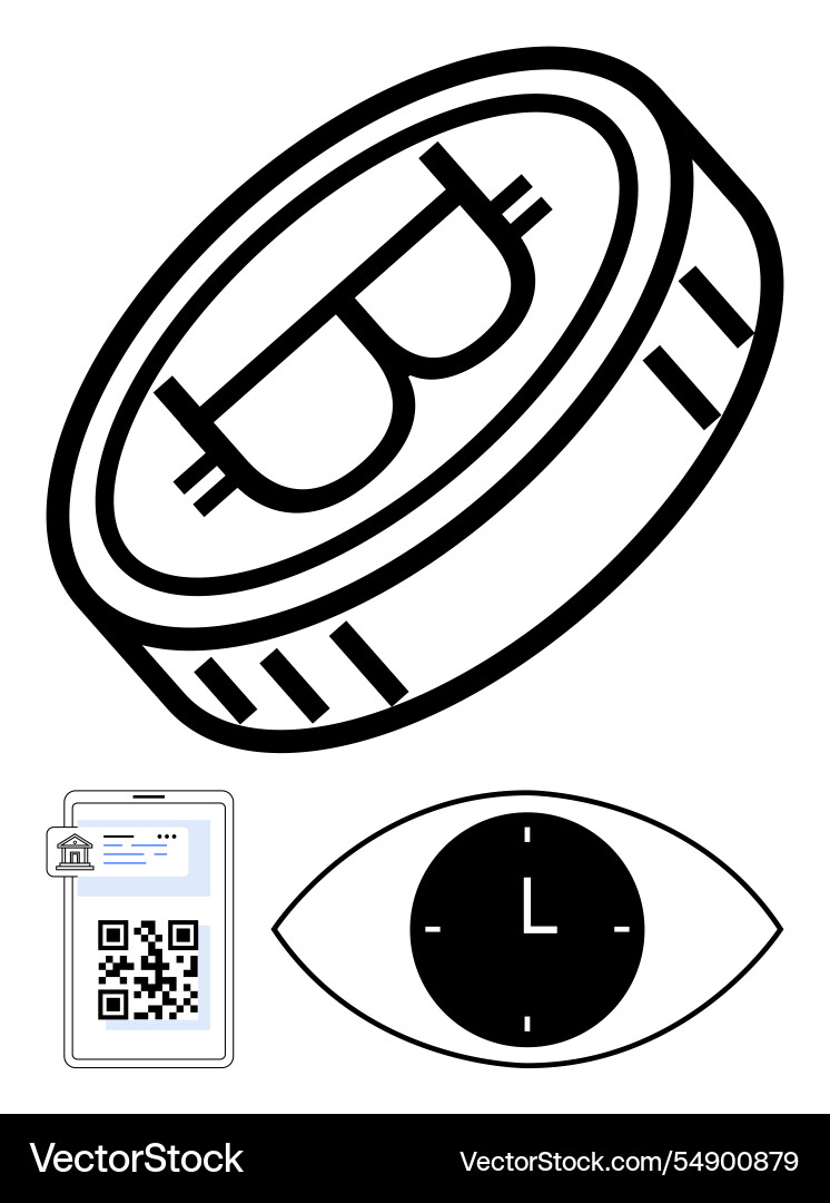 Bitcoin coin with digital wallet qr code and clock Vector Image