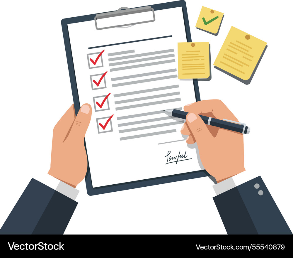 Hands holding a clipboard with checklists Hands holding a clipboard with checklists vector image