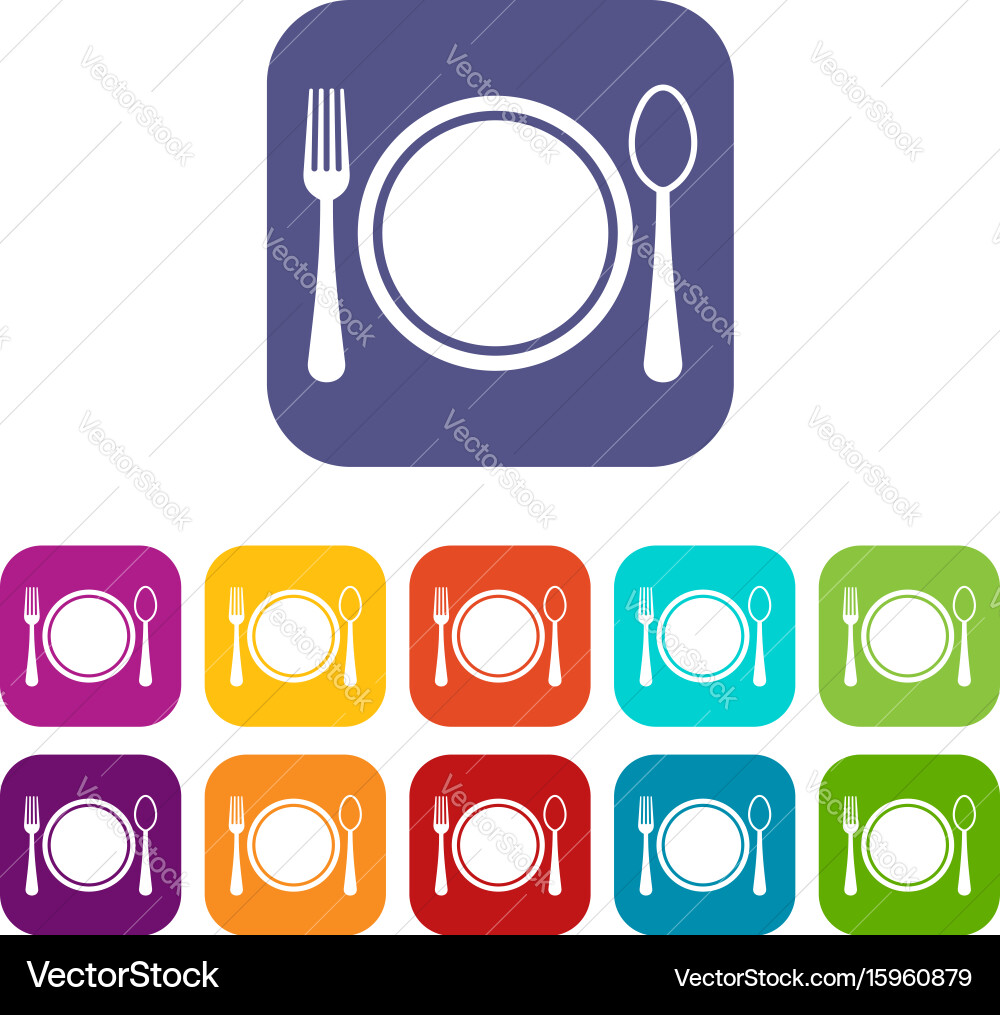 Place setting with platespoon and fork icons set Vector Image