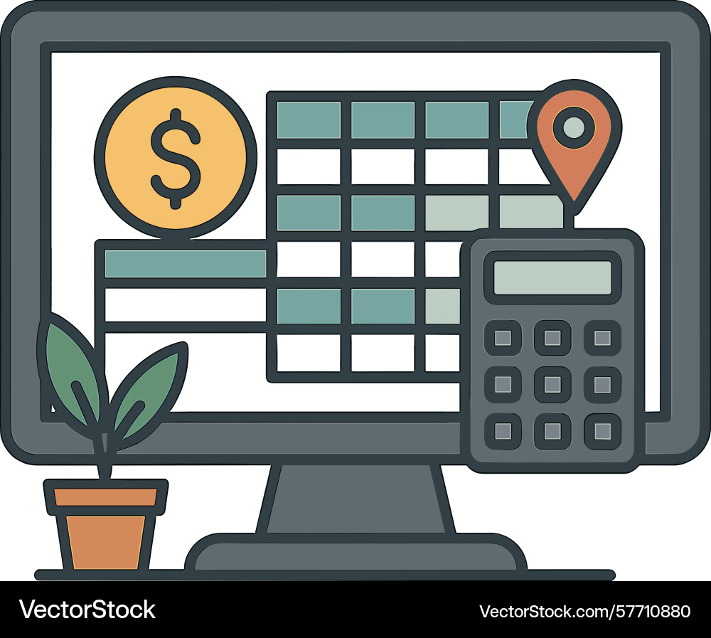 Computer displaying financial data spreadsheet vector image