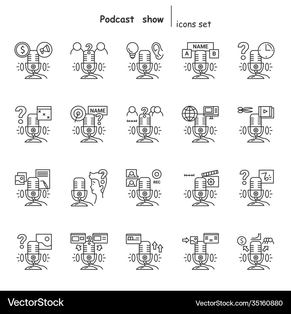 Podcast creating icons set broadcasting process Vector Image