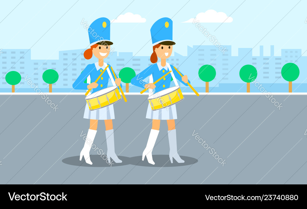 Trommeln Mädchen Parade Banner flach Stil Trommeln Mädchen Parade Banner flach Stil vektorbild