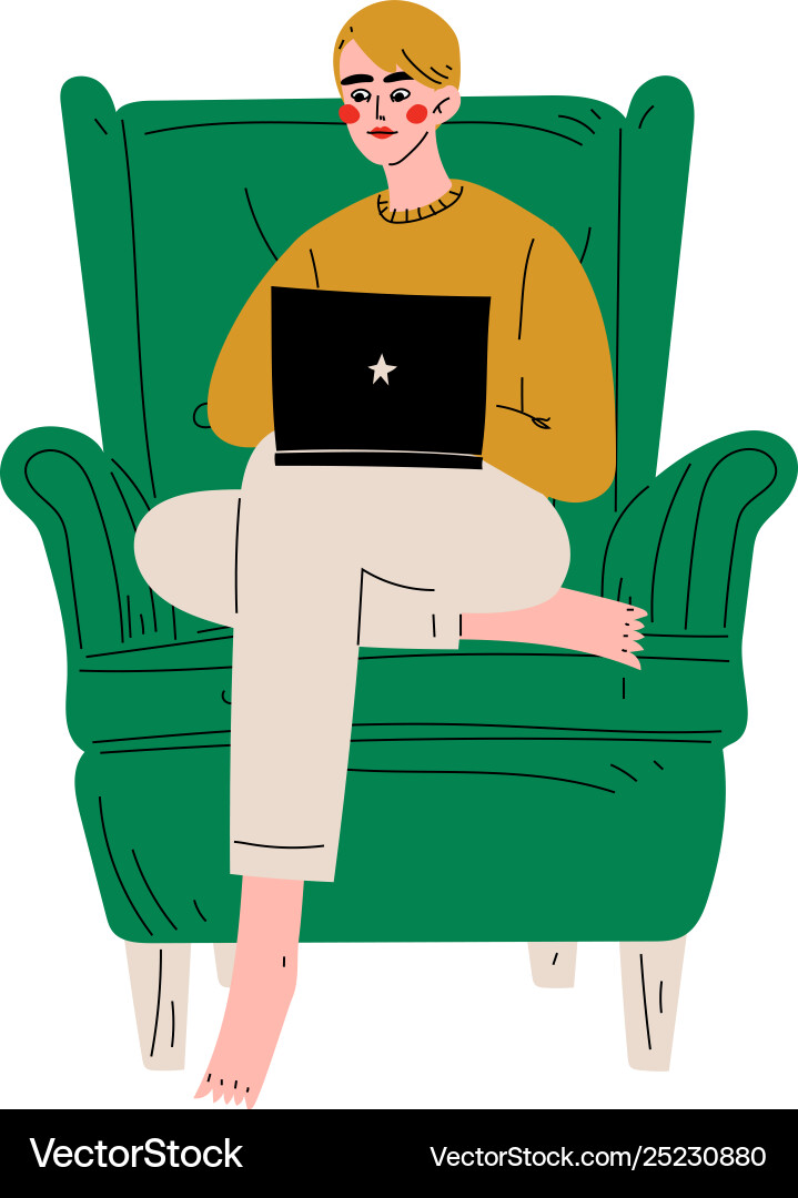 Young man sitting in armchair using laptop Young man sitting in armchair using laptop vector image