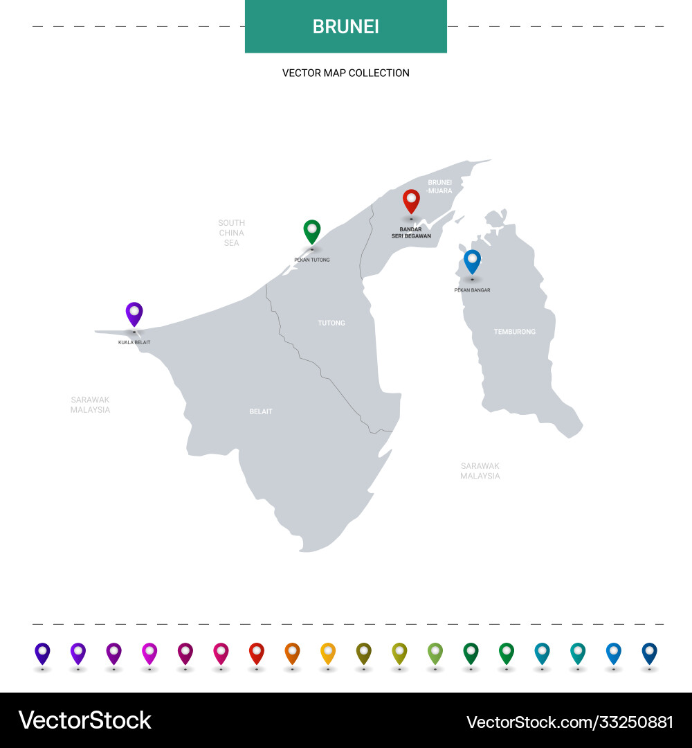 Brunei map with location pointer marks Brunei map with location pointer marks Vector Image
