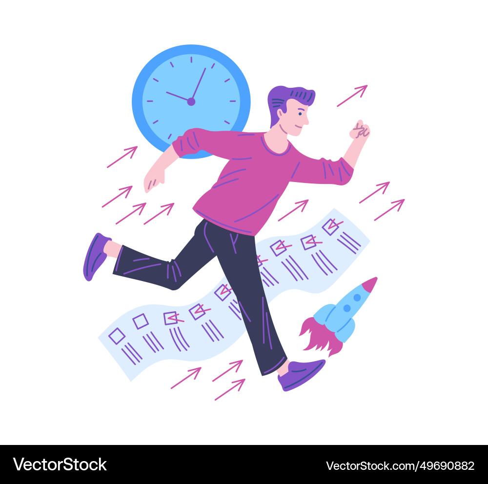 Man runs fast like a rocket to get everything done Man runs fast like a rocket to get everything done Vector Image