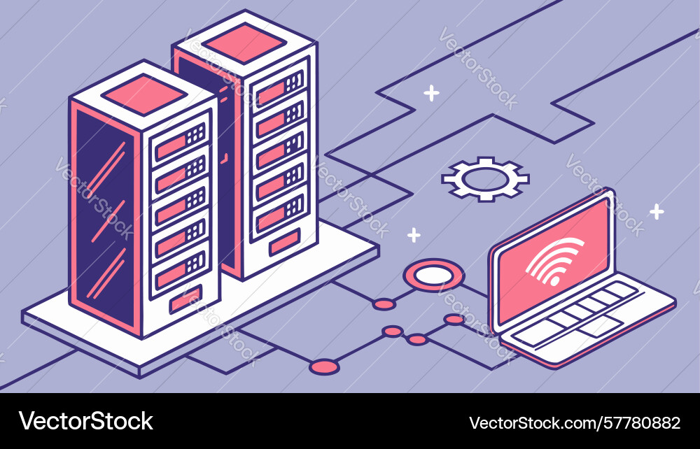 Server racks linked to laptop enabling remote vector image
