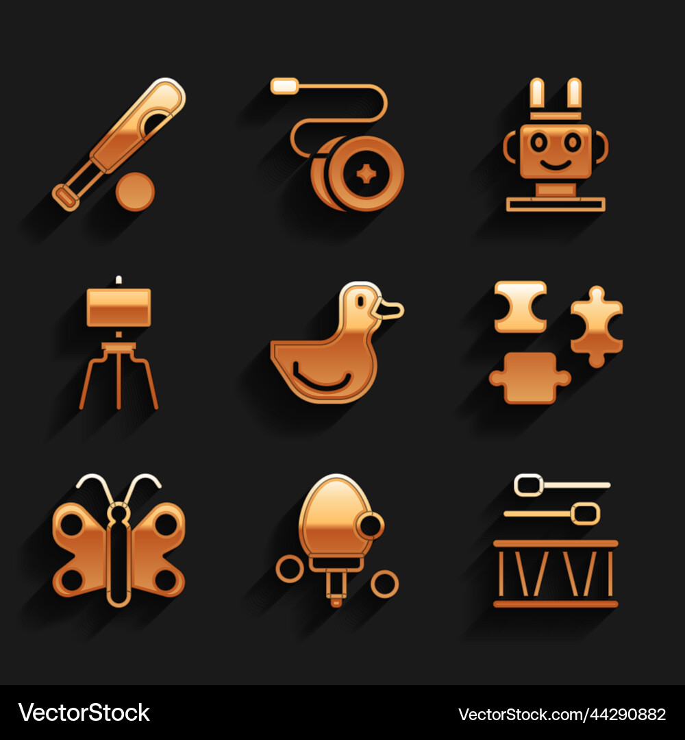 Set rubber duck racket drum with sticks Set rubber duck racket drum with sticks Vector Image