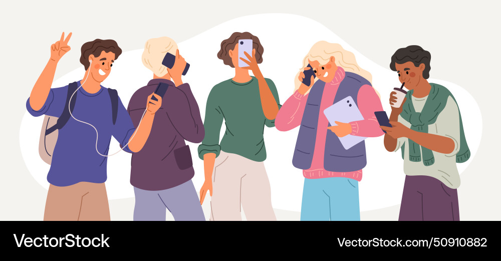 Teenagers group with smartphones people in casual Teenagers group with smartphones people in casual vector image
