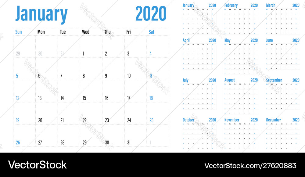 Calendar planner 2020 template Calendar planner 2020 template vector image