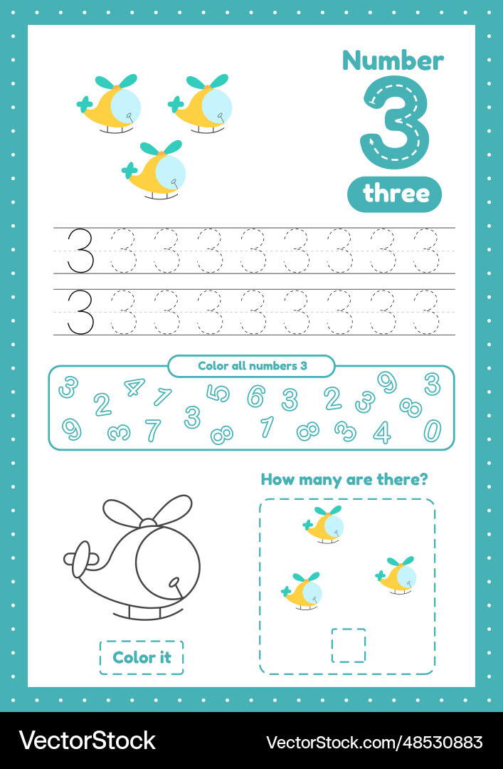 Learning numbers number 3 trace color count Learning numbers number 3 trace color count vector image