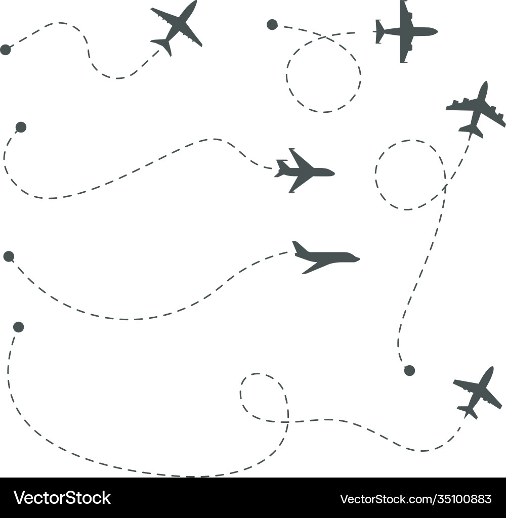 Plane paths airline routes airplane silhouettes Plane paths airline routes airplane silhouettes vector image